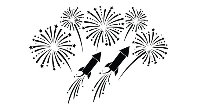 Fireworks and rockets silhouette on a white background