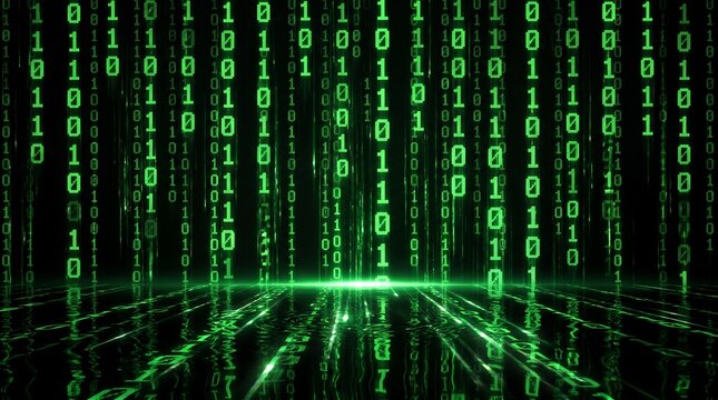 Binary code streams down a dark screen reflecting digital data patterns in a virtual technology space.