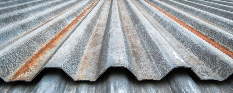 Worms-eye view of old, weathered corrugated metal roofing, showing rusty streaks, rough texture and strong converging lines. A pattern of aged decay,industrial ,grunge