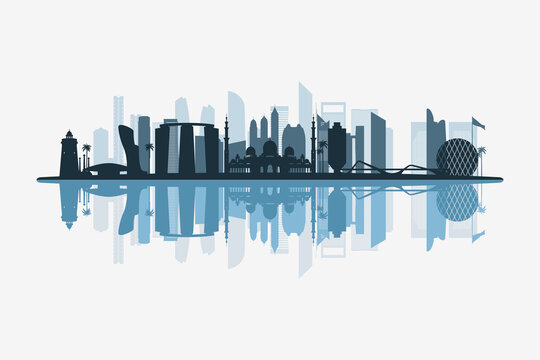 Abu Dhabi, United Arab Emirates skyline silhouette with modern landmarks reflection on white background in minimalist style.