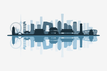 Obraz premium Beijing, China skyline silhouette with modern landmarks reflection on white background in minimalist style.