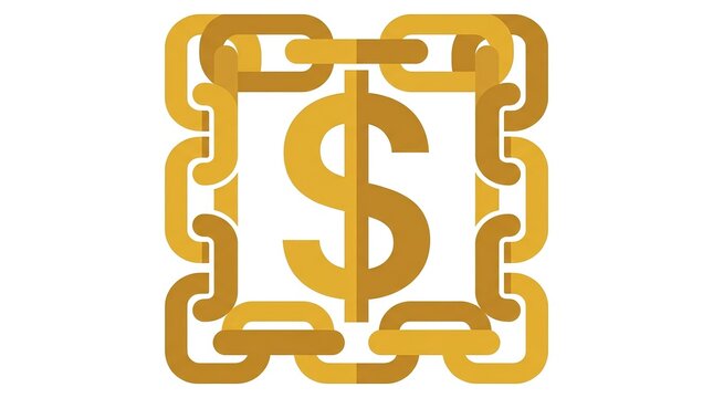 Flat vector icon of golden blockchain chain links forming a block with dollar symbol, modern business tech style, white background
