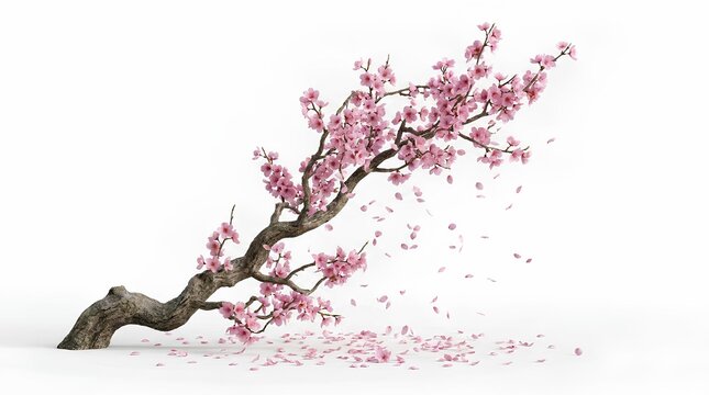 Japanese cherry blossom branch in full bloom, pink petals falling