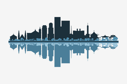 Cebu, Philippines skyline silhouette with modern landmarks reflection on white background in minimalist style.