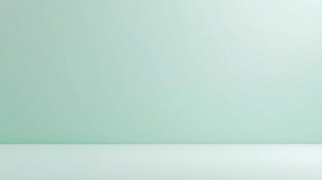 Minimalist Mint Green Studio Background with Empty Display Shelf for Product Presentation or Ad. Clean Soft Pastel Green Wall and Floor Backdrop with Copy Space for Text and Graphics.