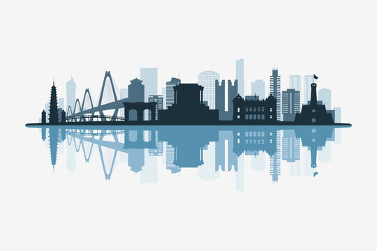 Hanoi, Vietnam skyline silhouette with modern landmarks reflection on white background in minimalist style.