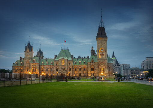 East Block of the Canadian Parliament Illuminated at night on Parliament Hill - Ottawa, Ontario, Canada