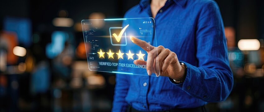 Verifying excellence in business performance digital evaluation process corporate office interactive content modern environment close-up view quality assessment concept