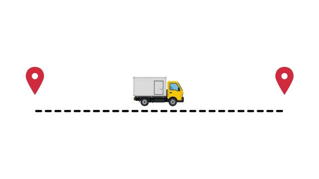 Yellow delivery truck traveling between map pins on white background