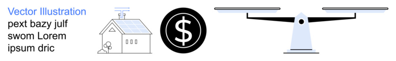 Obraz premium Renewable energy, home financing, technology trends, eco-living, cost analysis, innovation. House with solar panels, dollar symbol and quadcopter with scales. Renewable energy and home financing