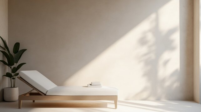 Minimalist daybed and plant in sunlit room with dramatic leaf shadows on a neutral wall. Modern, serene design for ultimate relaxation and wellness., spa, sanctuary