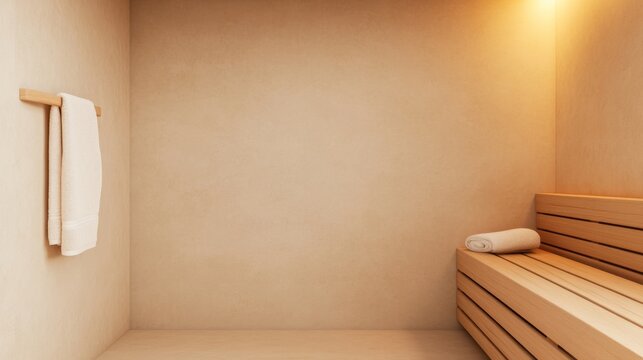 Minimalist sauna interior featuring warm light on textured beige walls, wooden benches and towels, evoking relaxation. spa, wellness