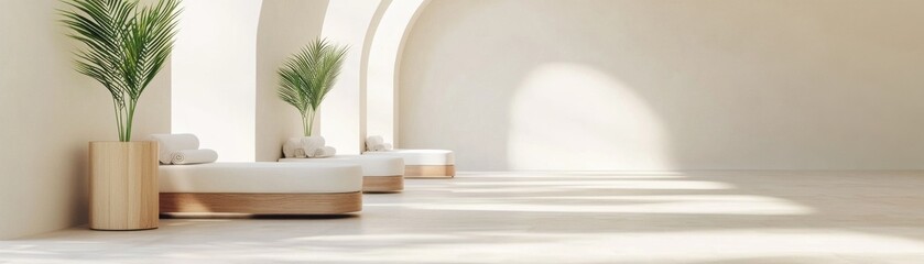 Minimalist Spa Lounge Serene interior with a row of sleek daybeds, lush palm accents, arched walls and tranquil natural light and shadows.,Spa ,Wellness