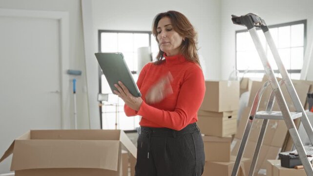 Woman in red sweater holds tablet and gestures with hand amid stacked moving boxes in building; optimism fresh start.