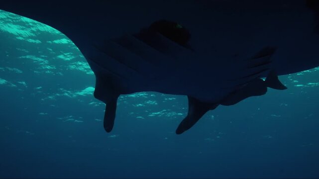 Majestic manta ray gliding through the deep blue ocean with sun rays filtering from the surface