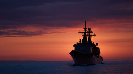 Obraz premium Silhouette of a naval vessel at sea against a dramatic, vibrant sunset or sunrise sky, with intense orange and purple hues over calm water