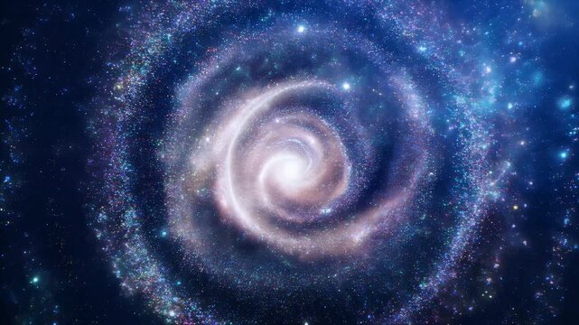 Cinematic swirling luminous galaxy with sparkling star dust and nebulae, rotating slowly in deep space, symbolizing cosmic vastness, creation, and the unknown universe.