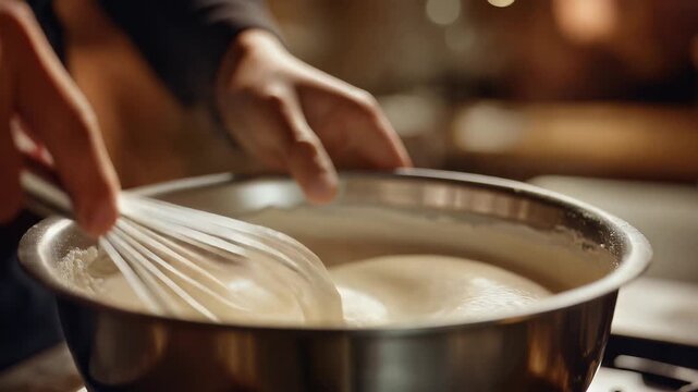 Close-up of hands dynamically whisking creamy mixture in a metallic bowl, with soft, warm lighting and subtle motion blur, symbolizing culinary preparation, domestic cooking