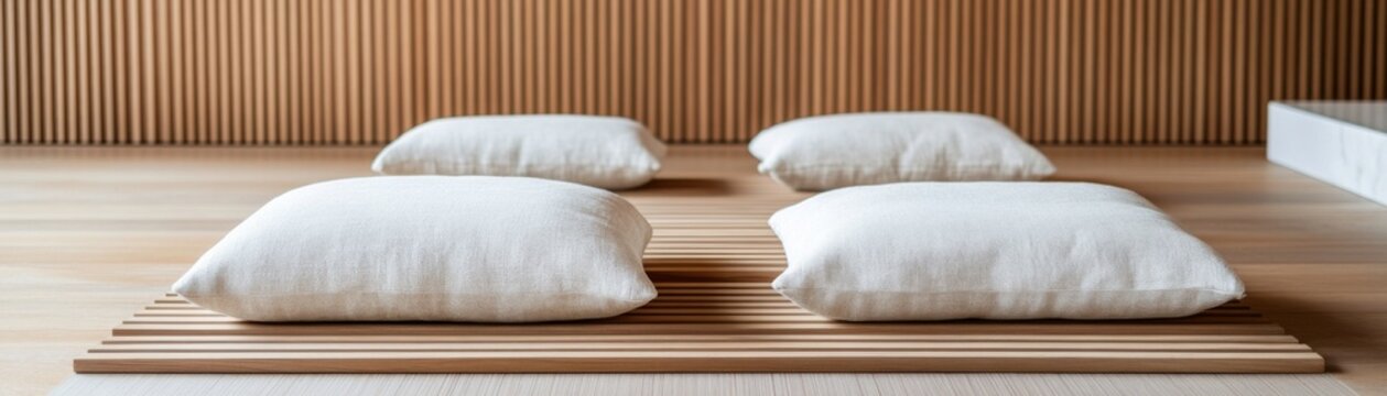 Serene minimalist interior Four off-white floor cushions on a slatted wood base, harmonizing with natural timber wall panels and floor. Modern Zen design. floor cushions, Zen decor
