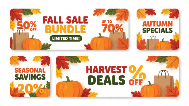 Autumn sale banners featuring shopping bags and orange pumpkins for seasonal holiday marketing discount events