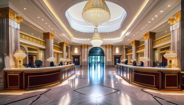 the inside of a high end bank with marble floors large chandeliers and tellers behind elegant counters