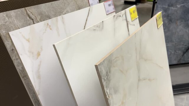 Large Format Wall Tiles Display in Home Improvement Store | Marble Pattern Ceramic Samples Leaning on Rack | Interior Design Material Selection