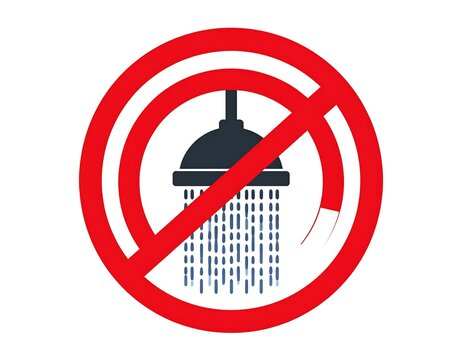 A red circle with a slash through an illustrated shower head, depicting a prohibition sign