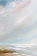 Fototapeta premium Abstract painting depicting serene coastal landscape with pastel sky and gentle ocean waves under soft light