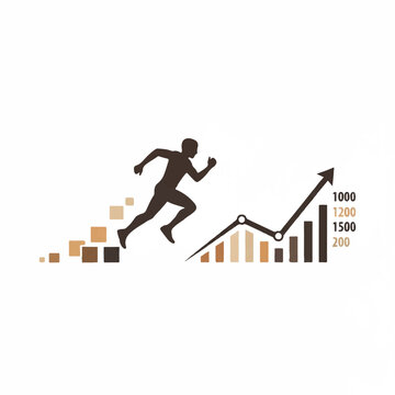 Sprinter silhouette starting from blocks, accompanied by a linear acceleration graph and time-increment markers. Old-fashioned sepia of sandstone, caramel, and charcoal brown. Minimalist flat