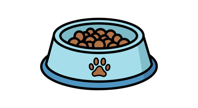 A style illustration of a blue dog bowl filled with brown kibble