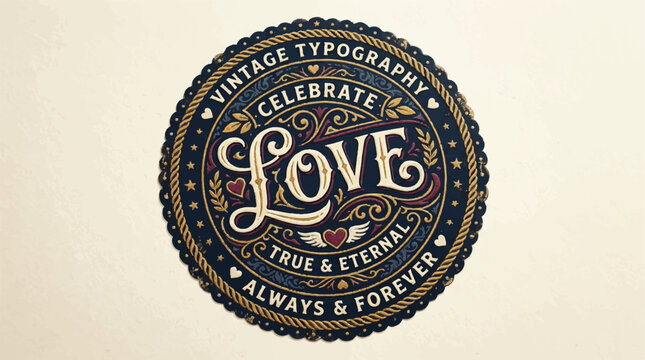 Circular love-themed badge design featuring bold typography and celebratory message for permanence and devotion.