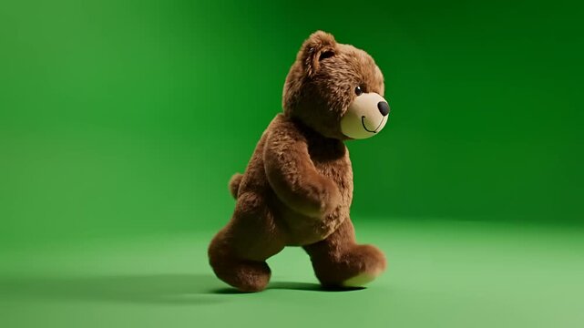 Cute Brown Teddy Bear Walking on Green Screen Background.