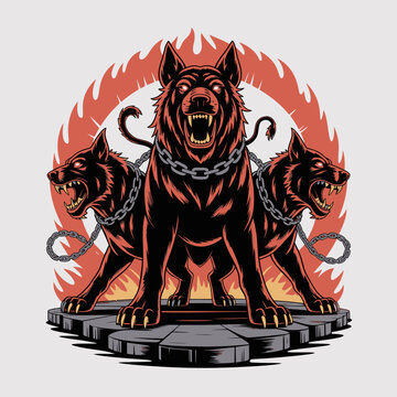 Three headed dog with chains.