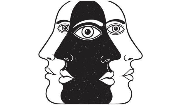 Face multiple profiles with one eye and abstract expressionist style featuring art, illustration, black and white with line art and vector elements