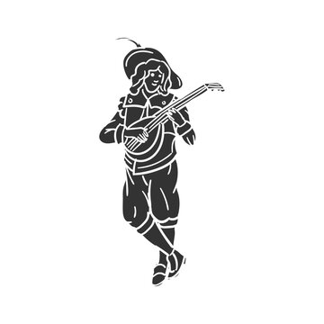 Medieval troubadour bard singing and playing lute music doodle icon vector graphic