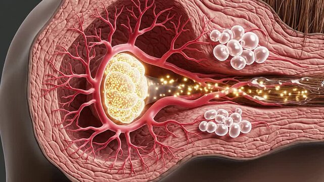 Anatomical Illustration of Blood Circulation in Human Capillaries Highlighting Blood Flow and Cellular Activity with Glowing Particles and Detailed Vascular Structure