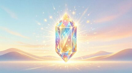Fototapeta premium Prismatic crystal levitating over desert horizon at sunrise