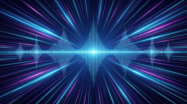 Abstract audio waveform with neon motion lines in space