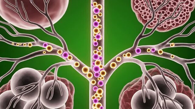 Biological Process in Blood Vessel with Visible Cells on Green Background, Scientific Medical Illustration of Vascular System and Cellular Movement
