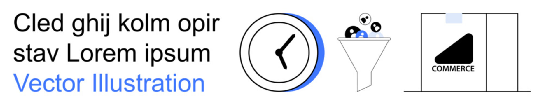 Time management, data processing, e-commerce, efficiency, workflow, business solutions. Clock, funnel filtering data and a box labeled commerce. Time management and data processing concept