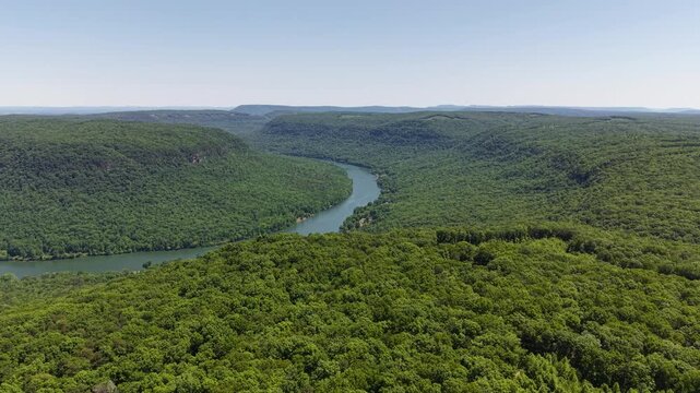 High Altitude Aerial Drone Vista of Tennessee River Sweeping Bend Through Prentice Cooper State Forest Gorge