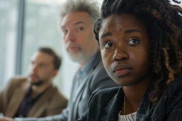 Obraz premium Toxic workplace, corporate pressure, emotional burnout, discrimination and office conflict concept with stressed multicultural team