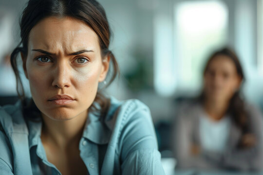 Angry, annoyed and irritated office employee experiencing workplace stress and dissatisfaction in modern office