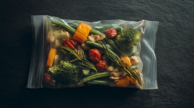 Vacuum sealed bag with mixed vegetables laid flat on dark surface showing food preservation method
