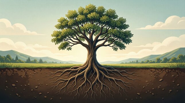 Tree with exposed roots showing soil cross section in field