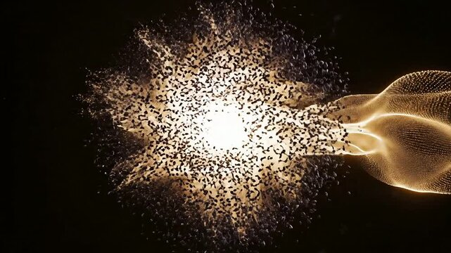 Cinematic Flowing Particles Creating Swirling Golden and Blue Effect Against Black Background for Dynamic Transitions and Visual Effects