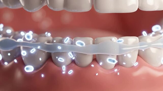 Close-Up 3D Animation of Healthy Teeth and Gums with Bacteria and Water, Illustrating Oral Hygiene and Dental Care Concepts