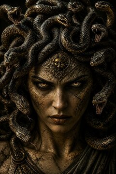 Medusa Gorgon Dark Fantasy Portrait with Snake Hair and Golden Eyes