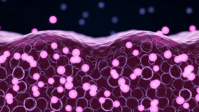 Close-Up Animation of Glowing Pink Particles and Cellular Structures in Abstract Medical Background for Healthcare and Scientific Use