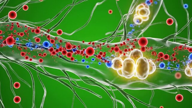 Close-Up Animation of Molecular Interactions on a Green Background Featuring Vibrant Red, Blue, and Yellow Spheres for Science and Technology Illustrations